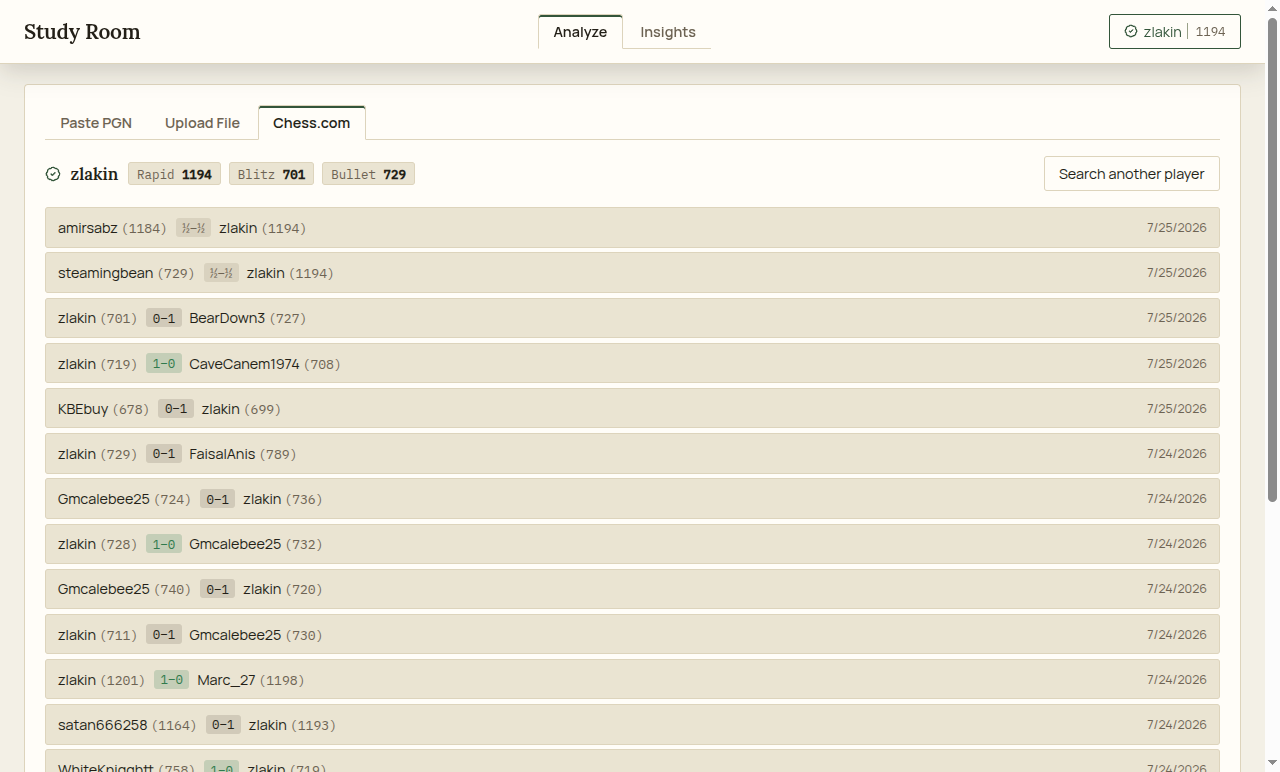 Importing games directly from a chess.com profile